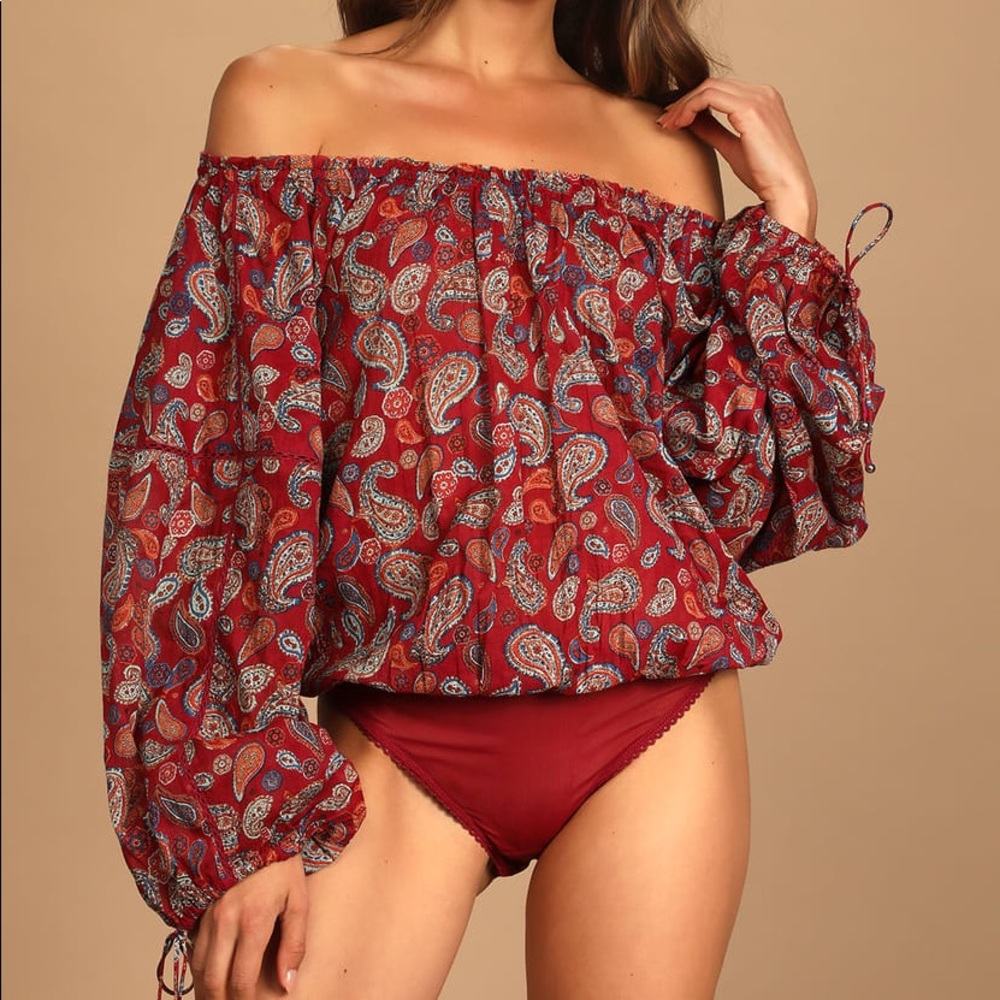 Free People Sundown Rust Red Paisley Print Off-the-Shoulder Bodysuit - Picture 3 of 10